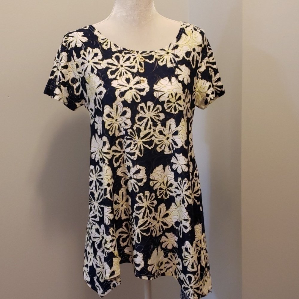 Mishca Tunic Top Sh-Slv Navy/ Wt/ Yellow EUC Md